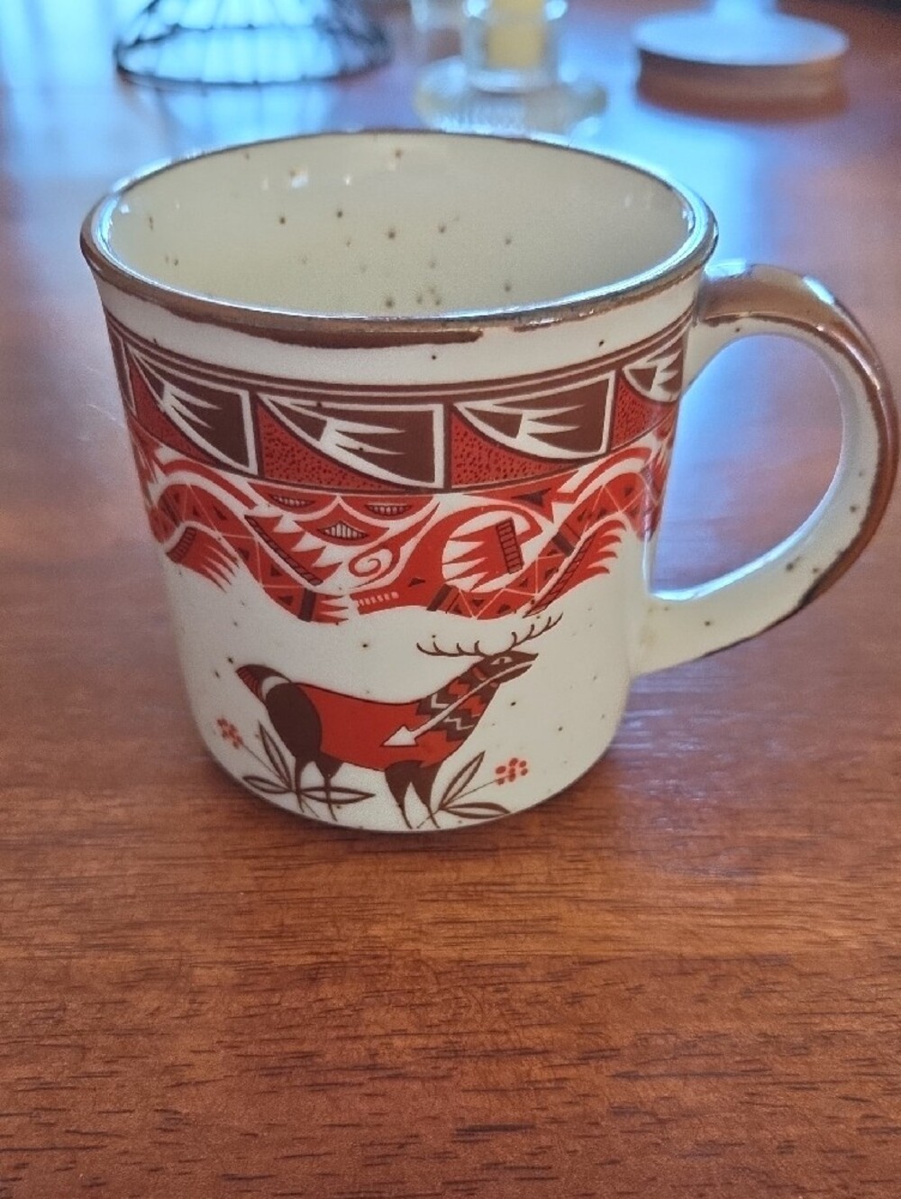 Vintage Southwest Aztec Pattern Red & Brown Deer Speckled Stoneware Mug